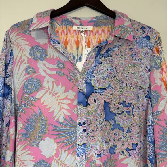 Rose & Olive Floral Button Down Top Women's 1X Pink Blue Paisley Tie Knot Light - Picture 2 of 12